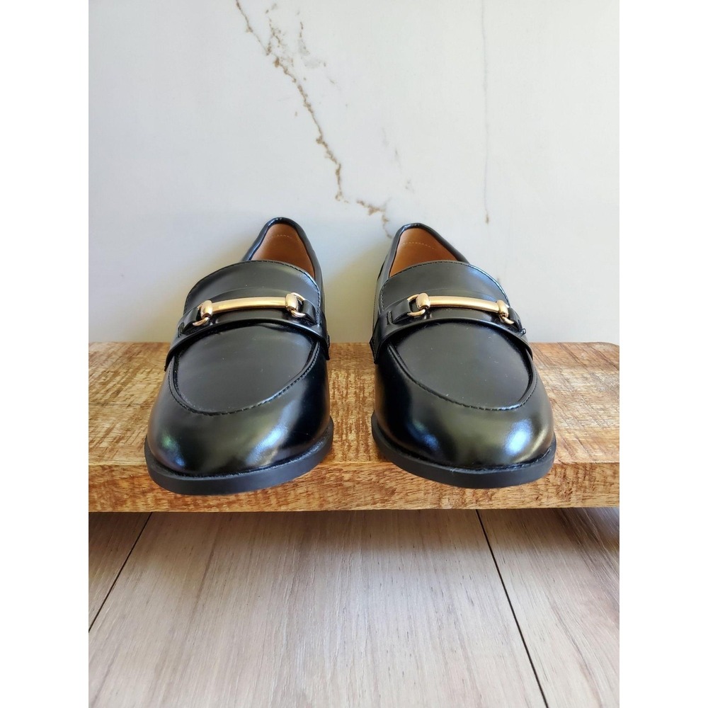 Metal Buckle Loafers Womens EUR 40 Black Faux Leather Horsebit Round Toe Shoes - Picture 5 of 7